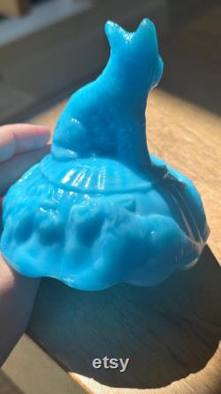Vintage Akro Agate Blue Milk Glass Opaline Scottie Scotty Dog Powder Jar (As Is)