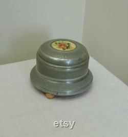 Vintage Aluminum Musical Powder Box with Pink Rose Plays the song Because