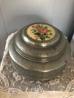 Vintage Aluminum Musical Powder Box with Rose Design Vintage Aluminum Musical Powder Box with Rose Design