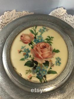 Vintage Aluminum Musical Powder Box with Rose Design Vintage Aluminum Musical Powder Box with Rose Design