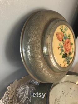 Vintage Aluminum Musical Powder Box with Rose Design Vintage Aluminum Musical Powder Box with Rose Design