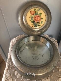 Vintage Aluminum Musical Powder Box with Rose Design Vintage Aluminum Musical Powder Box with Rose Design