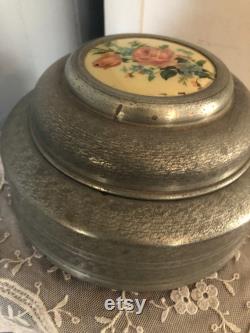 Vintage Aluminum Musical Powder Box with Rose Design Vintage Aluminum Musical Powder Box with Rose Design