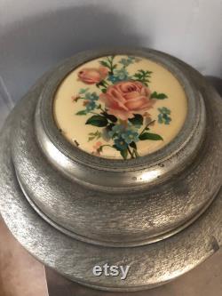 Vintage Aluminum Musical Powder Box with Rose Design Vintage Aluminum Musical Powder Box with Rose Design