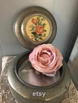 Vintage Aluminum Musical Powder Box with Rose Design Vintage Aluminum Musical Powder Box with Rose Design