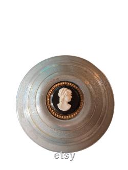 Vintage Aluminum Musical Powder Puff Box Music Metal Wind Up Working Cameo 1940s 40s