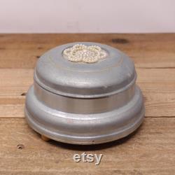 Vintage Aluminum Musical Powder Puff Box with Faux Pearl Design on the Lid
