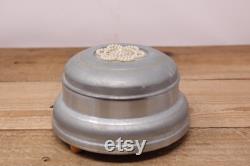 Vintage Aluminum Musical Powder Puff Box with Faux Pearl Design on the Lid