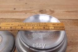 Vintage Aluminum Musical Powder Puff Box with Faux Pearl Design on the Lid