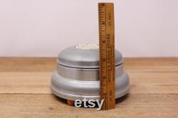 Vintage Aluminum Musical Powder Puff Box with Faux Pearl Design on the Lid