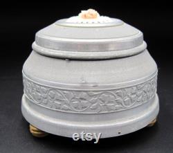 Vintage Aluminum Round Vanity Powder Puff Music Box with Flower on Top