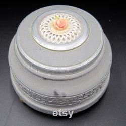 Vintage Aluminum Round Vanity Powder Puff Music Box with Flower on Top