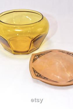 Vintage Amber Glass Powder Bowl with Art Deco Celluloid Lid