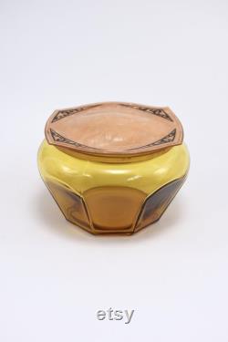 Vintage Amber Glass Powder Bowl with Art Deco Celluloid Lid