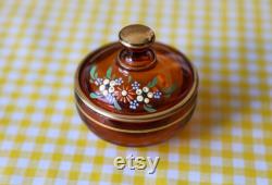 Vintage Amber Glass Powder Jar, Vanity Storage Jar, with Lid, Hand Painted Flowers, Gold Accents