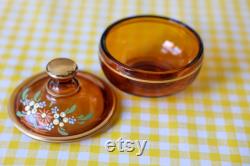 Vintage Amber Glass Powder Jar, Vanity Storage Jar, with Lid, Hand Painted Flowers, Gold Accents