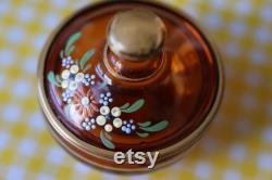 Vintage Amber Glass Powder Jar, Vanity Storage Jar, with Lid, Hand Painted Flowers, Gold Accents