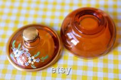 Vintage Amber Glass Powder Jar, Vanity Storage Jar, with Lid, Hand Painted Flowers, Gold Accents