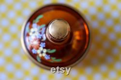 Vintage Amber Glass Powder Jar, Vanity Storage Jar, with Lid, Hand Painted Flowers, Gold Accents