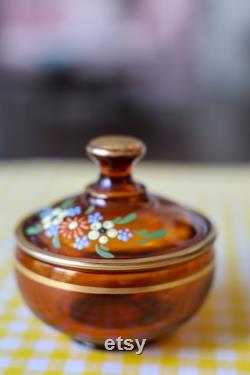 Vintage Amber Glass Powder Jar, Vanity Storage Jar, with Lid, Hand Painted Flowers, Gold Accents