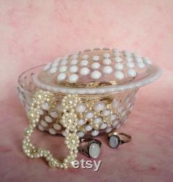 Vintage Anchor Hocking Round Hobnail Moonstone Powder Box with Lid, White Opalescent Trinket Box