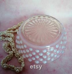 Vintage Anchor Hocking Round Hobnail Moonstone Powder Box with Lid, White Opalescent Trinket Box
