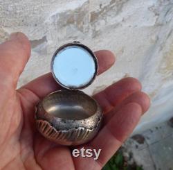 Vintage Antique 1890s Victorian French silver powder box with mirror inside Vanity