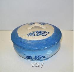 Vintage Antique Blue and White Stoneware Vintage Powder Vanity Jar Trinket Box Raised Bow Ribbon Pattern Blue Vine Pattern