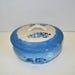 Vintage Antique Blue and White Stoneware Vintage Powder Vanity Jar Trinket Box Raised Bow Ribbon Pattern Blue Vine Pattern