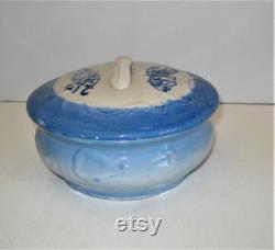 Vintage Antique Blue and White Stoneware Vintage Powder Vanity Jar Trinket Box Raised Bow Ribbon Pattern Blue Vine Pattern