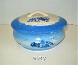 Vintage Antique Blue and White Stoneware Vintage Powder Vanity Jar Trinket Box Raised Bow Ribbon Pattern Blue Vine Pattern