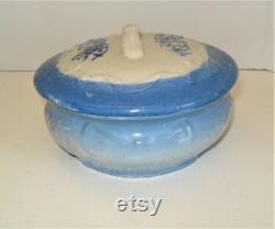 Vintage Antique Blue and White Stoneware Vintage Powder Vanity Jar Trinket Box Raised Bow Ribbon Pattern Blue Vine Pattern