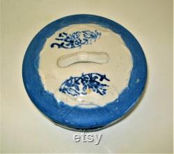 Vintage Antique Blue and White Stoneware Vintage Powder Vanity Jar Trinket Box Raised Bow Ribbon Pattern Blue Vine Pattern
