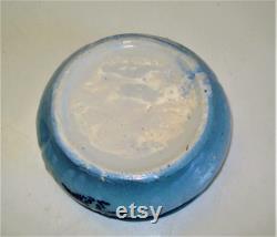 Vintage Antique Blue and White Stoneware Vintage Powder Vanity Jar Trinket Box Raised Bow Ribbon Pattern Blue Vine Pattern