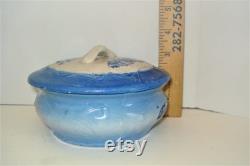 Vintage Antique Blue and White Stoneware Vintage Powder Vanity Jar Trinket Box Raised Bow Ribbon Pattern Blue Vine Pattern