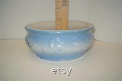 Vintage Antique Blue and White Stoneware Vintage Powder Vanity Jar Trinket Box Raised Bow Ribbon Pattern Blue Vine Pattern