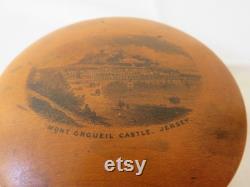 Vintage Antique Commemorative Souvenir Mauchline Ware Powder Bowl Box Mont Orgueil Castle, Jersey 1900's