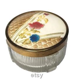 Vintage Antique GLASS and METAL TRINKET Powder Box Dish Jar Tray Floral Flowers
