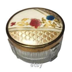 Vintage Antique GLASS and METAL TRINKET Powder Box Dish Jar Tray Floral Flowers