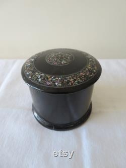 Vintage Antique Papier Mache, Lacquer and Mother of Pearl Abalone Powder Pot Vanity Boudoir Make Up