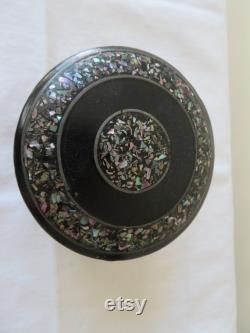 Vintage Antique Papier Mache, Lacquer and Mother of Pearl Abalone Powder Pot Vanity Boudoir Make Up