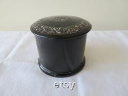 Vintage Antique Papier Mache, Lacquer and Mother of Pearl Abalone Powder Pot Vanity Boudoir Make Up