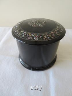 Vintage Antique Papier Mache, Lacquer and Mother of Pearl Abalone Powder Pot Vanity Boudoir Make Up