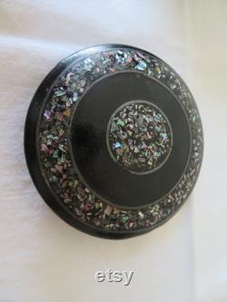 Vintage Antique Papier Mache, Lacquer and Mother of Pearl Abalone Powder Pot Vanity Boudoir Make Up