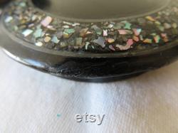 Vintage Antique Papier Mache, Lacquer and Mother of Pearl Abalone Powder Pot Vanity Boudoir Make Up