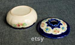 Vintage Antique Porcelain Hair Receiver Blue and White with Floral Pattern
