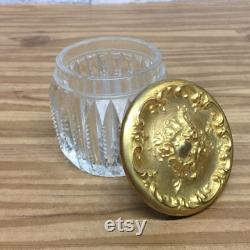 Vintage Antique Powder Jar, Christmas Gift, Vintage Victorian Powder Jar, Cut Glass, Cherub Top, Gold Plated Lid, Vanity Jar, Gift for Her