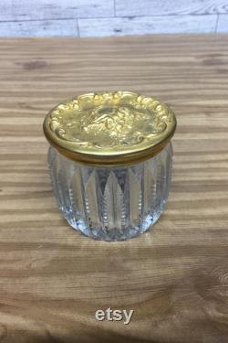 Vintage Antique Powder Jar, Christmas Gift, Vintage Victorian Powder Jar, Cut Glass, Cherub Top, Gold Plated Lid, Vanity Jar, Gift for Her