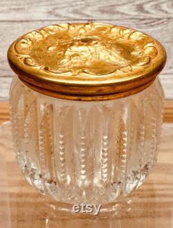 Vintage Antique Powder Jar, Christmas Gift, Vintage Victorian Powder Jar, Cut Glass, Cherub Top, Gold Plated Lid, Vanity Jar, Gift for Her