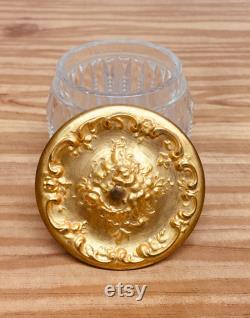 Vintage Antique Powder Jar, Christmas Gift, Vintage Victorian Powder Jar, Cut Glass, Cherub Top, Gold Plated Lid, Vanity Jar, Gift for Her